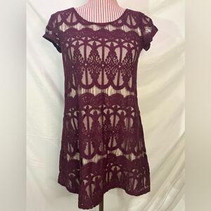 Purple Lace Mini Dress Shift Burgundy Chic Romantic Flirty Socialite Size Small